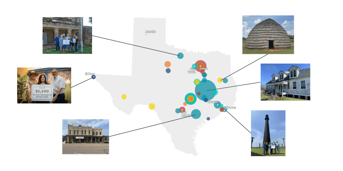 Retrospective map of THF grants and awards in 2024, depicting the location of 45 recipients across the state. 