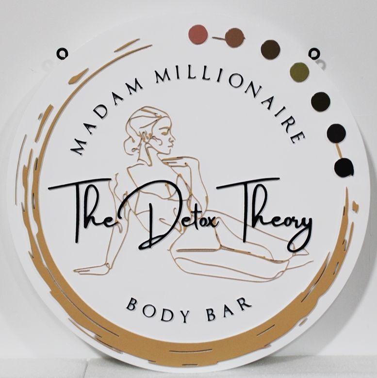 SA28506 - Carved Raised Outline Relief HDU Sign for "The Detox Theory Body Bar", with a Reclining Lady as Artwork