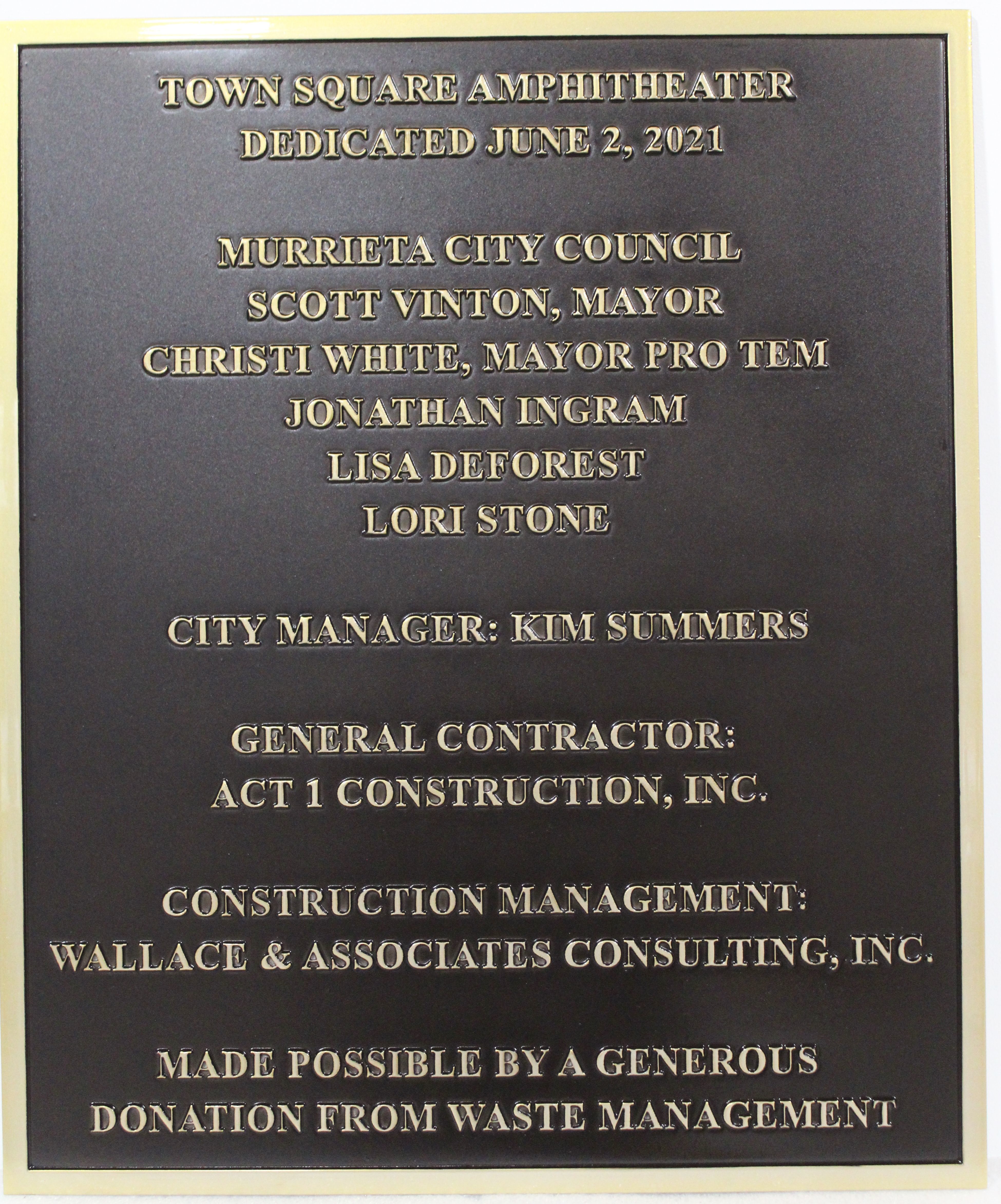 ZP-1115 - Carved Brass-Plated Dedication Plaque for the City of Murrieta's Town Square Amphitheater