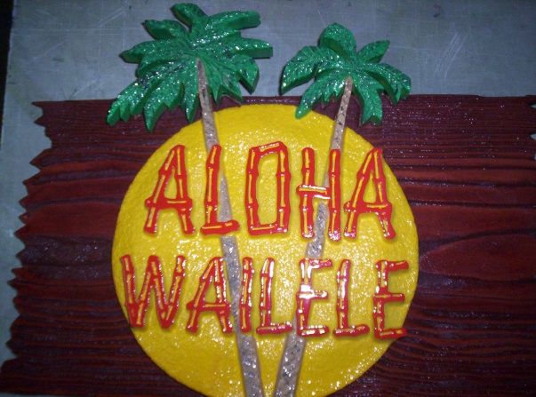 I18353 - Carved HDU over Redwood Hawaiian Sign, with Palm Tree and Moon