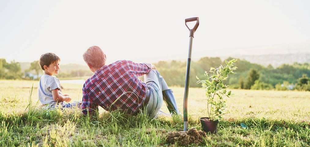 Father and son planting