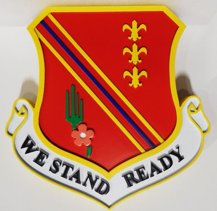 LP-2075 - Carved 2.5-D Multi-Level Raised Relief HDU  Plaque of the Shield Crest of an 127th Fighter Wing, USAF, with Motto "We Stand Ready"