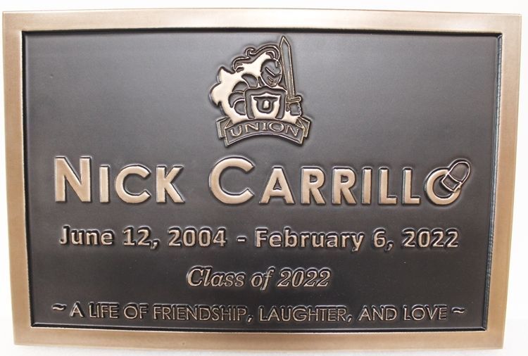 TP-1451 - Carved 2.5-D Raised Relief Bronze-Plated HDU Recognition Plaque for Nick Carillo, Union High School