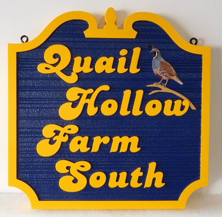O24639 - Carved and Sandblasted entrance sign for the "Quail Hollow Farm South" with California Quail as Artwork 