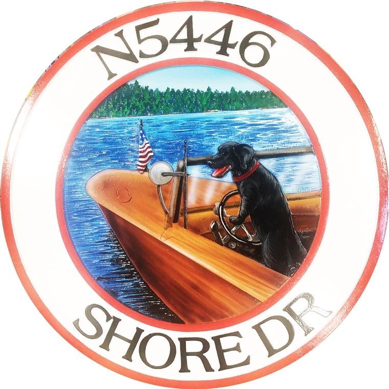 M22507A -  Carved 2.5-D  HDU Address Sign, featuring  a Dog Driving a Wooden Speed Boat as Artwork