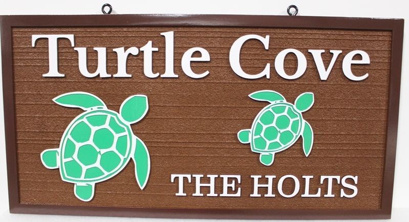 L21663A - Carved Coastal Home  Sign, "Turtle Cove” , featuring  Two Sea Turtles as Artwork