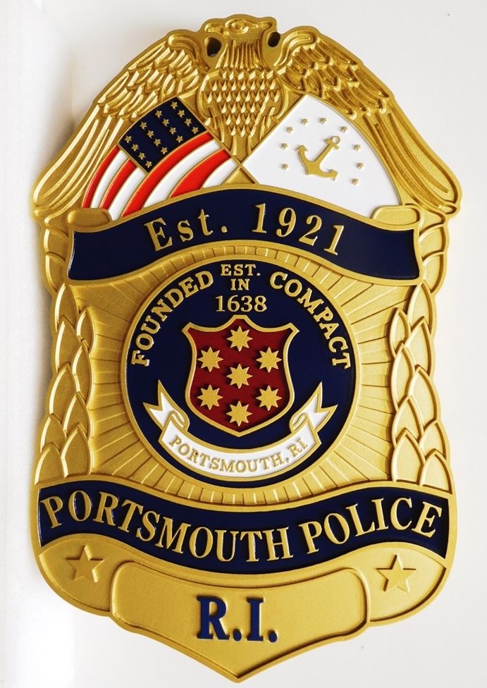 PP-1472 - Carved Plaque of the Badge of the Police of the City of Portsmouth, Rhode Island, 3-D Artist-Painted