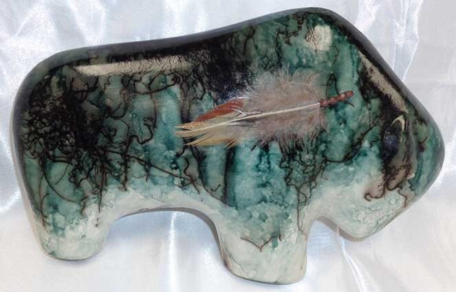 Horsehair Pottery Medium Buffalo w/ Feather-Turquoise