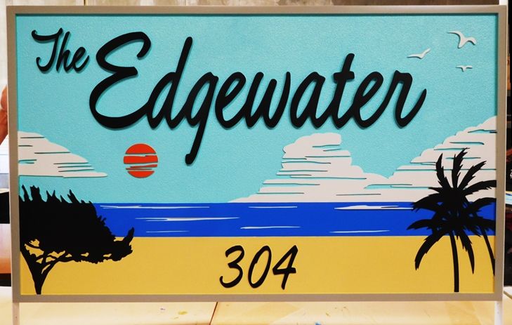 L21137 - Carved  Beach House Sign "The Edgewater", with Scene of Beach, Sea and Clouds,
