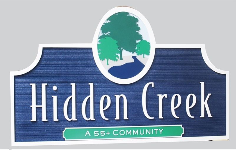K20430 - Carved  and Sandblasted Wood Grain High-Density-Urethane (HDU)  Entrance Sign for   "Hidden Creek - a 55+ Community", with Trees and a Creek as Artwork