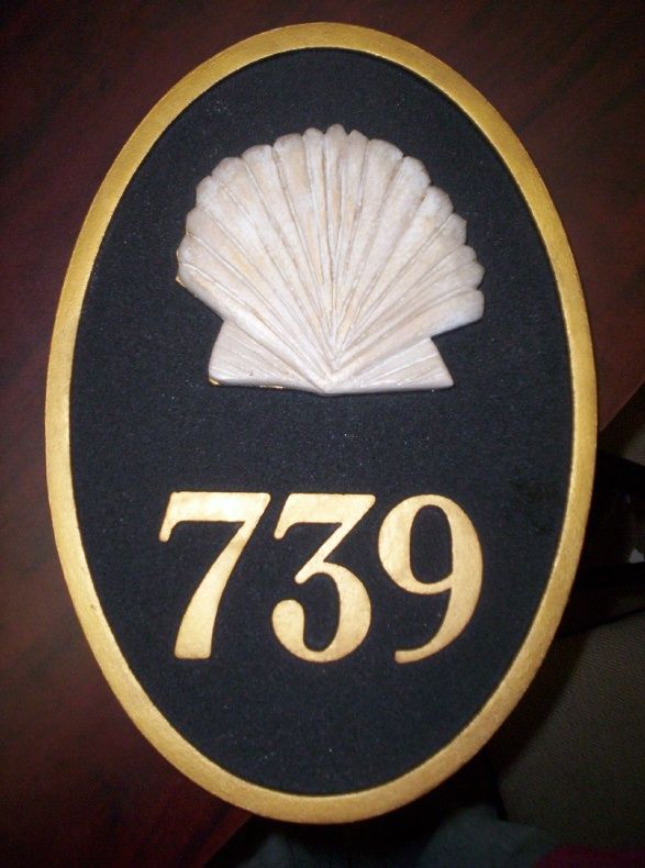 KA20868 - Carved HDU Street Number Address Sign  for Residence, with 3D Carved Seashell 