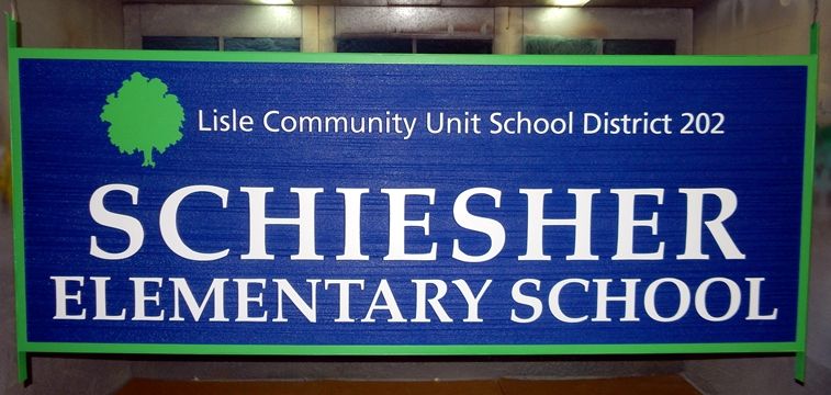 FA15752 - Carved  and Sandblasted Wood Grain HDU Entrance Sign for the "Schiesser Elementary School", with Tree as Artwork