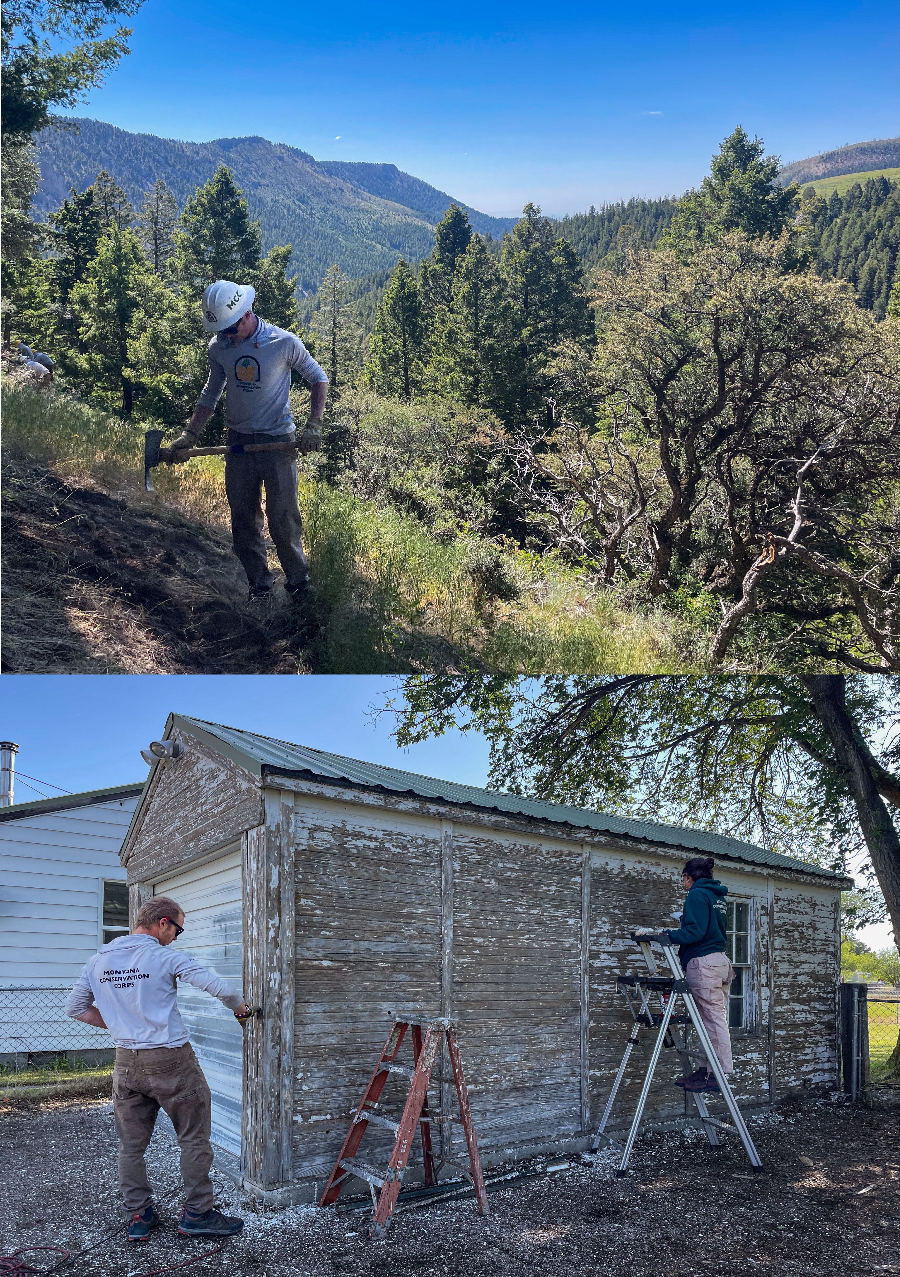 A crew member chips paint off a shed, and in a second photo, a crew member cuts trail on a hillside.
