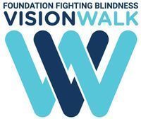 VisionWalk logo with letter V in dark blue and letter W in cyan blue with words Foundation Fighting Blindness over the words VisionWalk