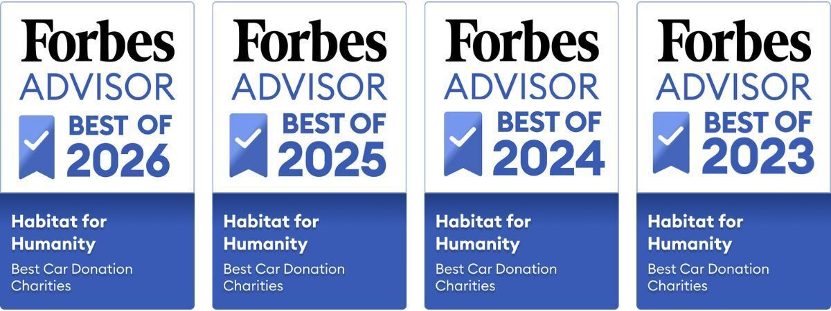 Image showing "Forbes Advisor Best of 2023, 2024, 2025, and 2026 Habitat for Humanity Car Donation Charities"