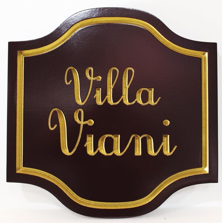 I18806A - Carved 3-D Bas-Relief High-Density-Urethane (HDU)  Property Name  Sign "Villa Viani", with Text and Border Gilded with 24K Gold Leaf 