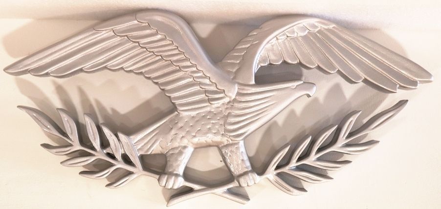 MP-1186 - Carved Plaque of an Eagle with Olive Branch Emblem, 3-D, with   Metallic Silver Paint