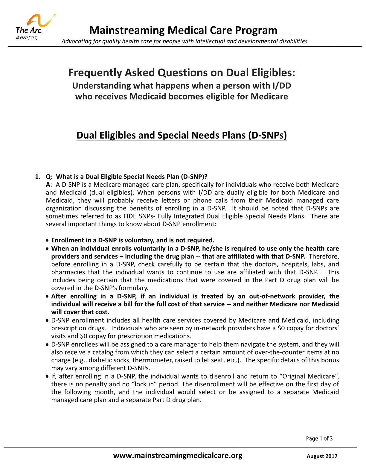 FAQ on Dual Eligibles: Understanding what happens when a person with IDD who receives Medicaid becomes eligible for Medicare - Dual Eligibles and Special Needs Plans (D-SNPs)