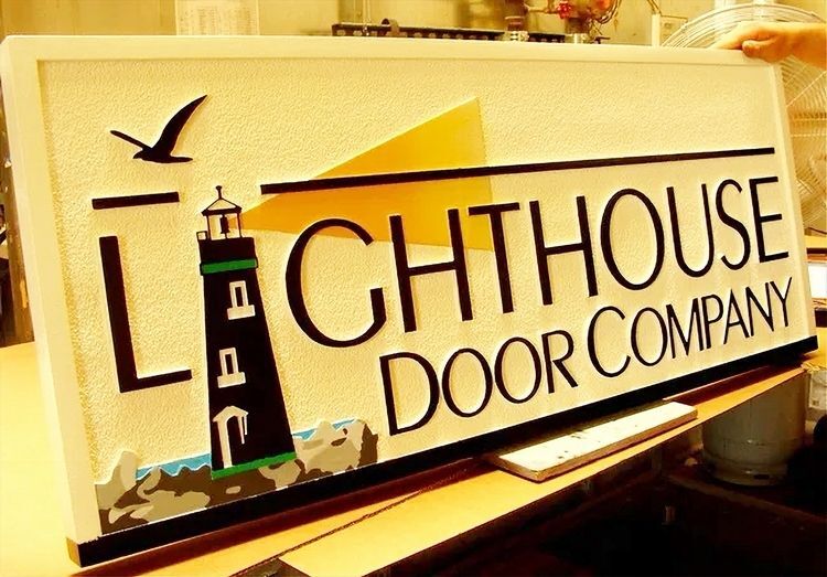 SC38320 - Attractive Retail Store Carved Sign for "Lighhouse Door Company",  with Lighthouse and Seagull as Artwork
