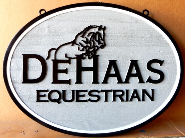 P25108 - Cedarwood Sign for an Equestrian Center, with Raised Outline of Jumping Horse 