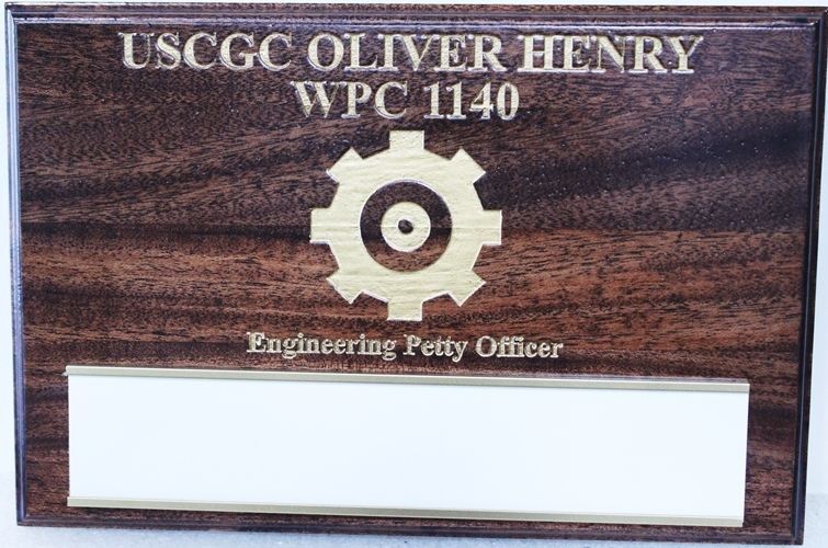 NP-2811 - Carved Mahogany Wood Engineering Petty Officer Plaque for the USCG Oliver Henry 