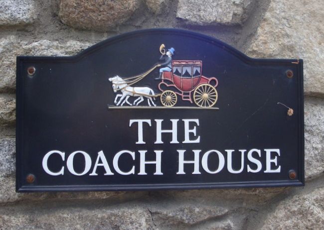 RB27668 -Carved Wood  "The Coach House" Tavern and Pub Sign with English Coach and Horses as Artwork
