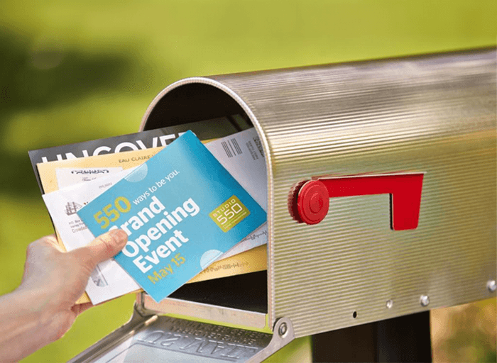 Mailbox with Direct Mail pieces: postcards, brochures and catlogs