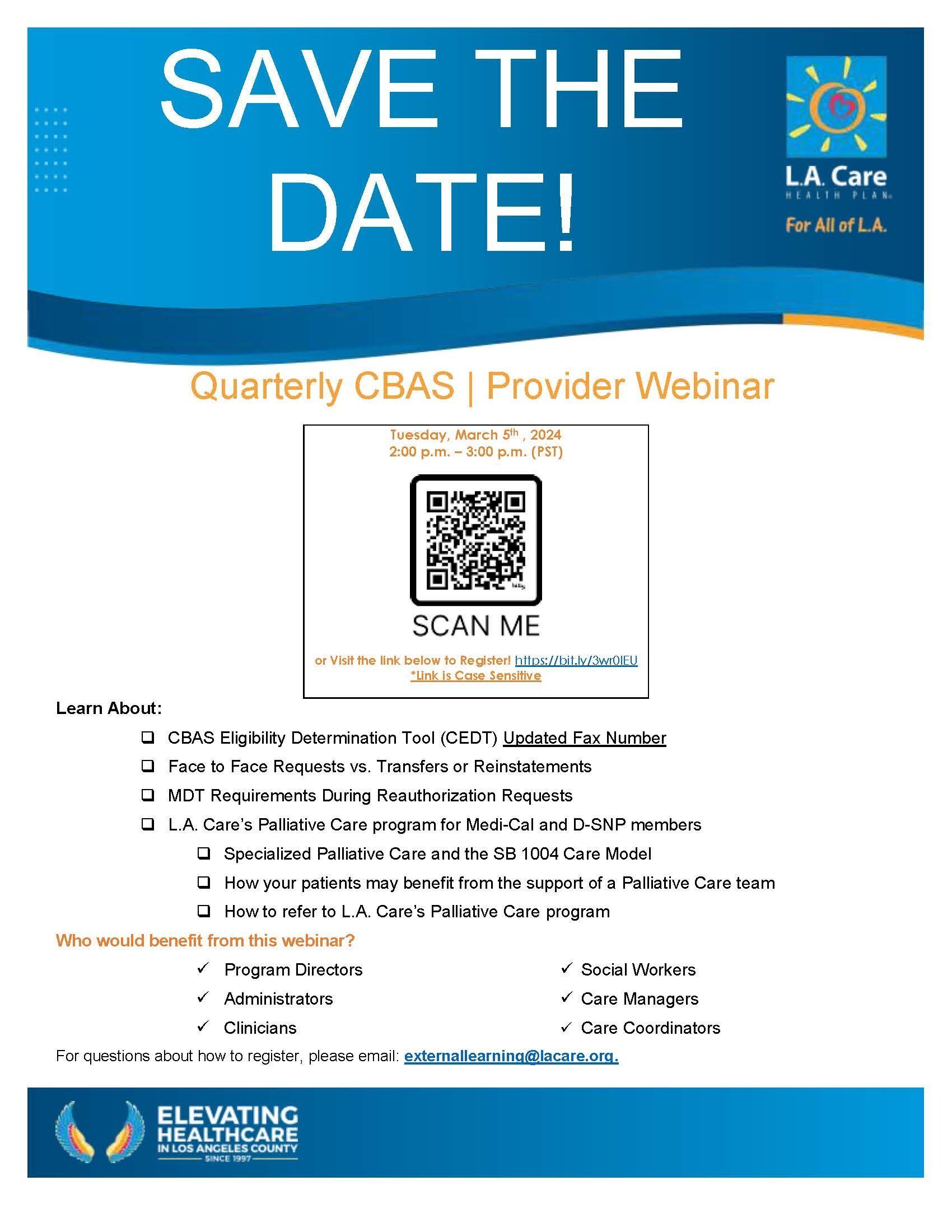 L.A. Care Health Plan CBAS Q1 Webinar flyer with link to register