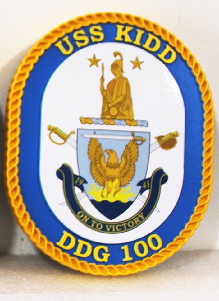 JP-1308A - Carved 2.5-D Multi-Level artist-Painted Plaque of the Crest of the USS Kidd, Arleigh Burke Class Destroyer DDG 100, US Navy