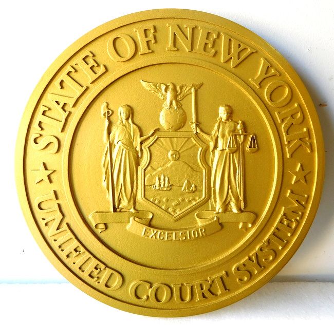 GP-1310 - Carved Plaque of the Seal of the  Unified Court System, State of New York, Painted Brass Metallic