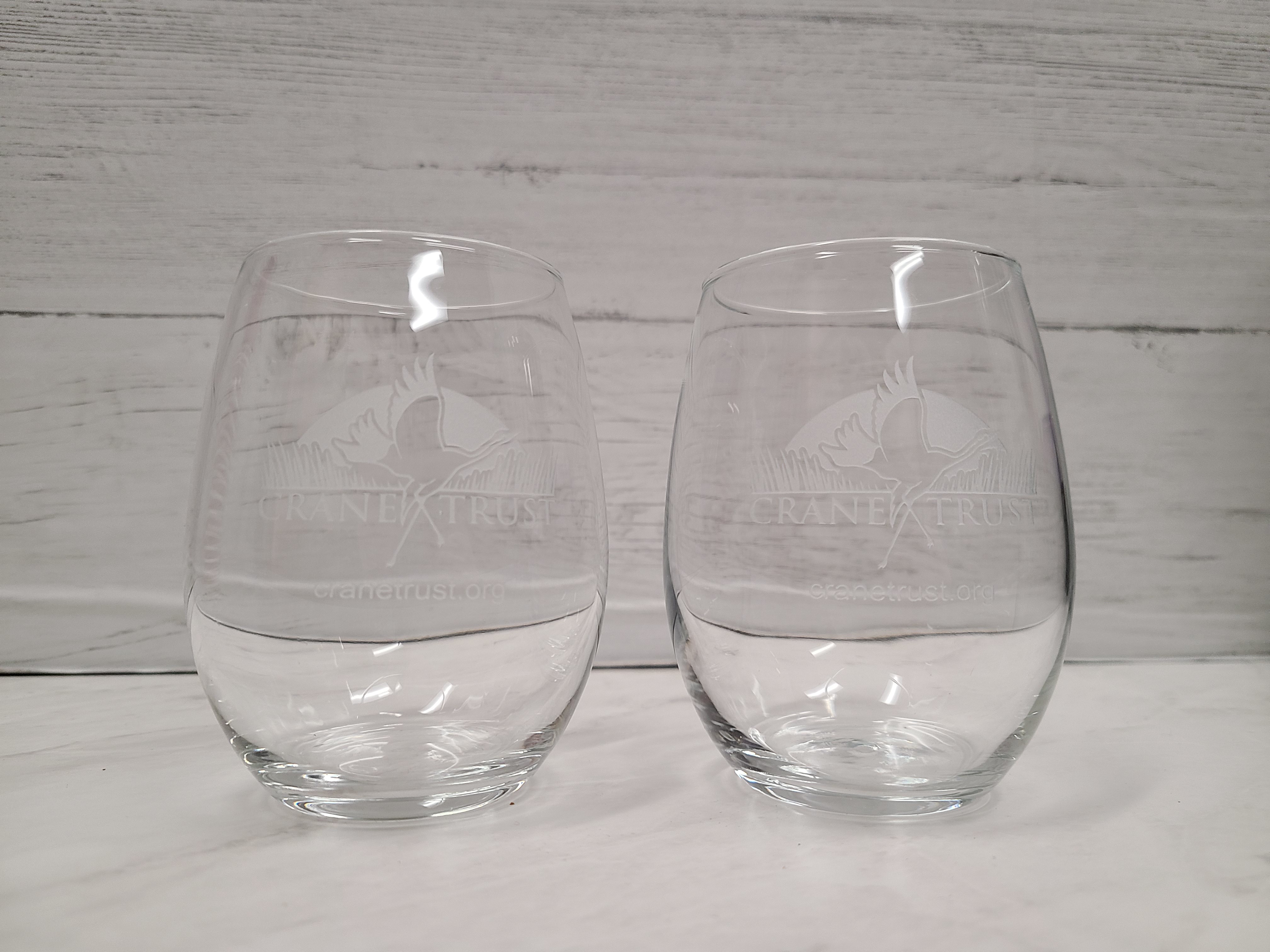 15 oz Stemless Wine Glass Etched with the Crane Trust Logo