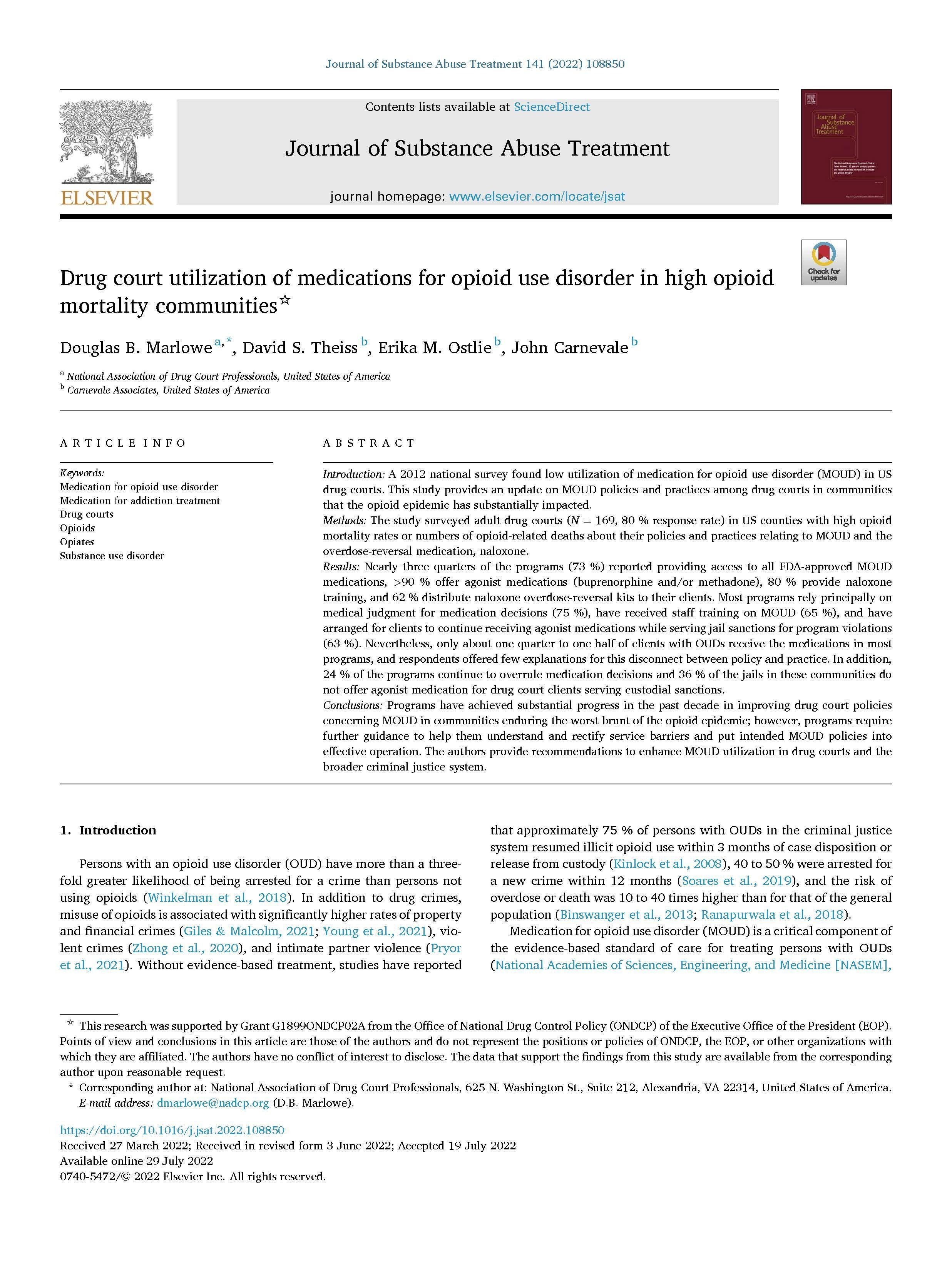 Drug Court Utilization of Medications for Opioid Use Disorder (MOUD) in High Opioid Mortality Communities