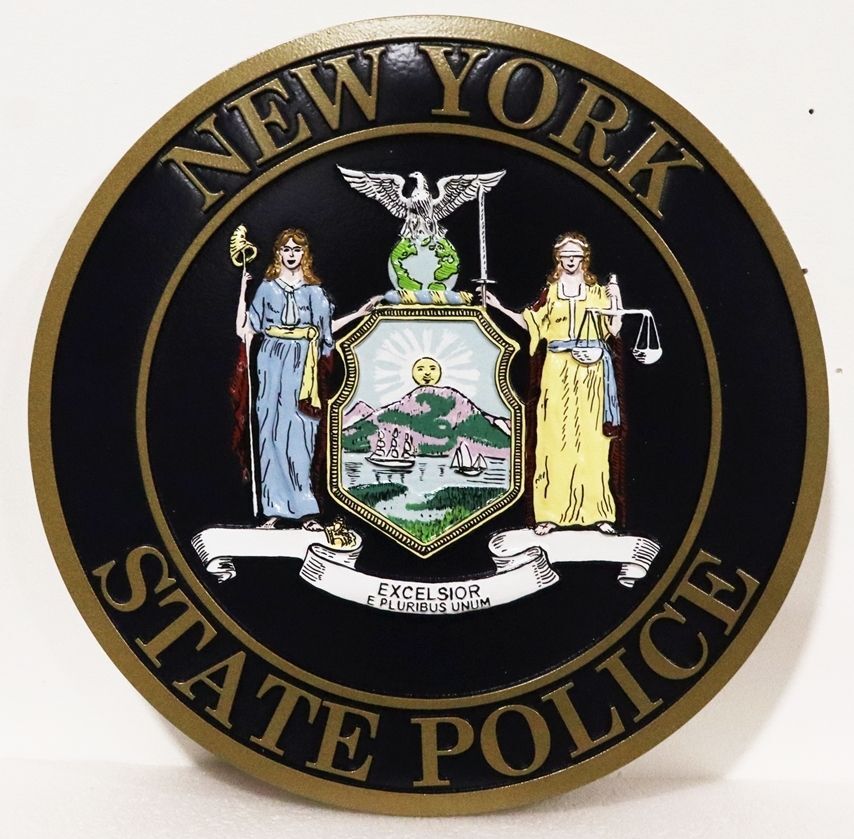 PP-3383 - Carved Plaque of the Seal of the New York State Polic, with Giclee Art
