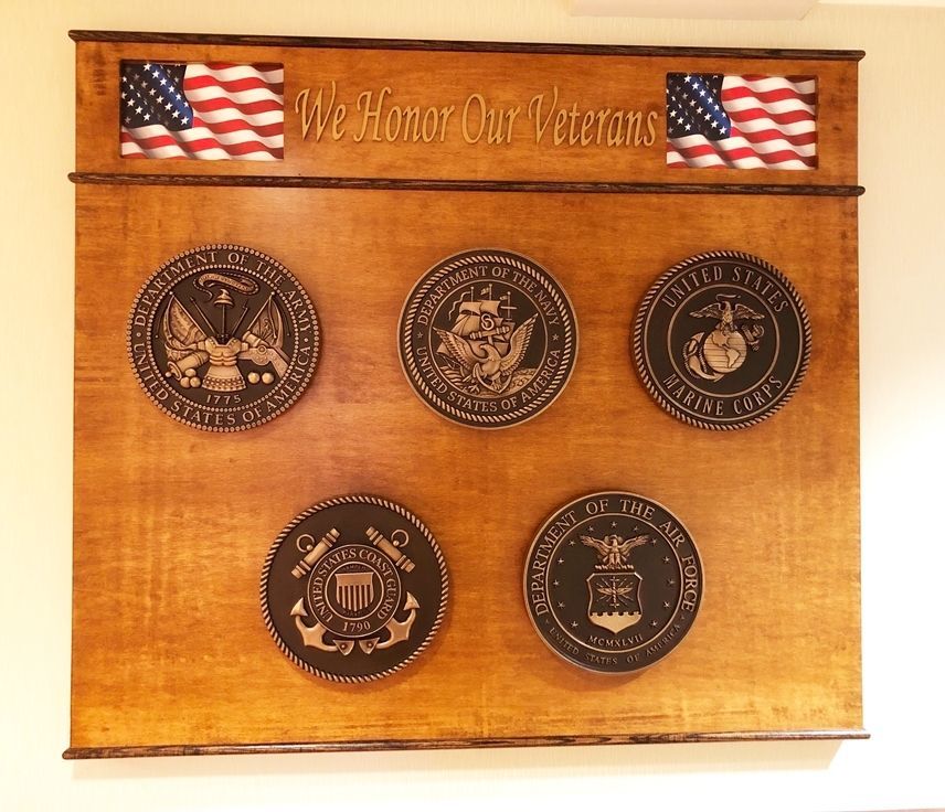 GC16822 -  Large  Carved Cedar Wood Wall Plaque Honoring Veterans of the Five Military Services
