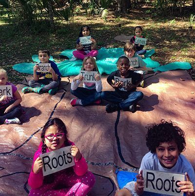 Students are sitting on tarp with tree image holding signs describing a part of a tree and what it does.