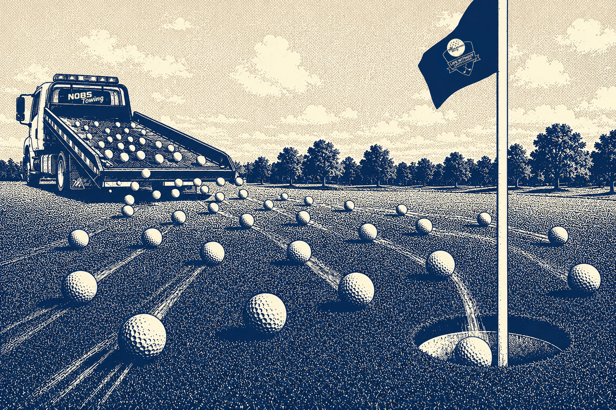 a tow truck dropping golf balls onto a golf course