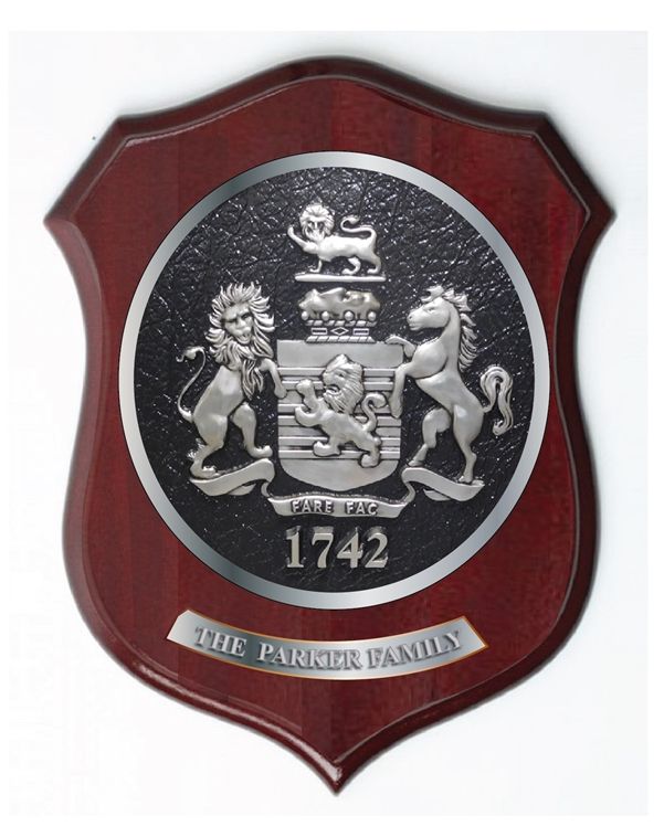 XP-2060 - Carved Shield Wall Plaque of Family Coat-of-Arms / Crest, German Silver Plated with Mahogany Wood 