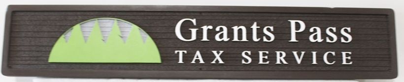 C12095A - Carved Sign for "Grants Pass Tax Services, with Grove of Pines as Artwork