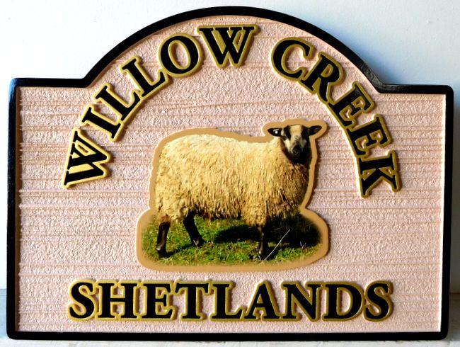 O24421 - Sign Featuring  a Photo of a Sheep and Carved Raised Text and Border, and Sandblasted Background. 