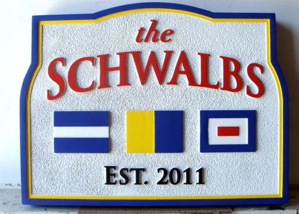 L22512- Carved and Sandblasted HDU Coastal Residence or Yacht Berth Sign, with Nautical Signal Flags