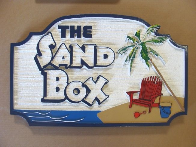 L21028 - Sandblasted HDU Beach Sign with Palm and Chair, "The Sandbox"