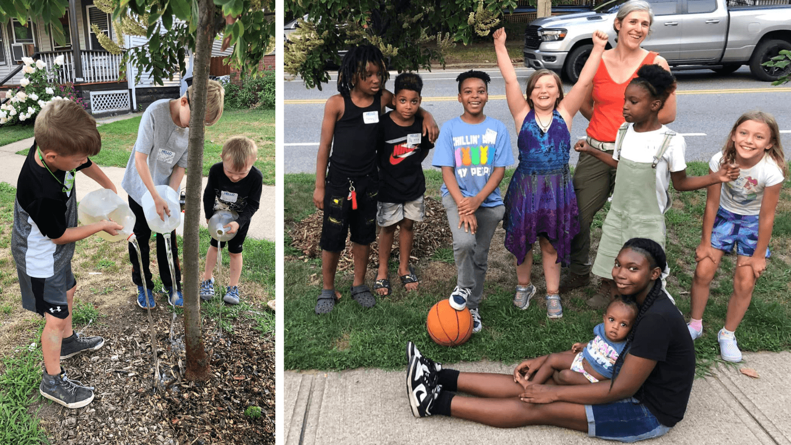 kids standing in front of and watering neighborhood tree