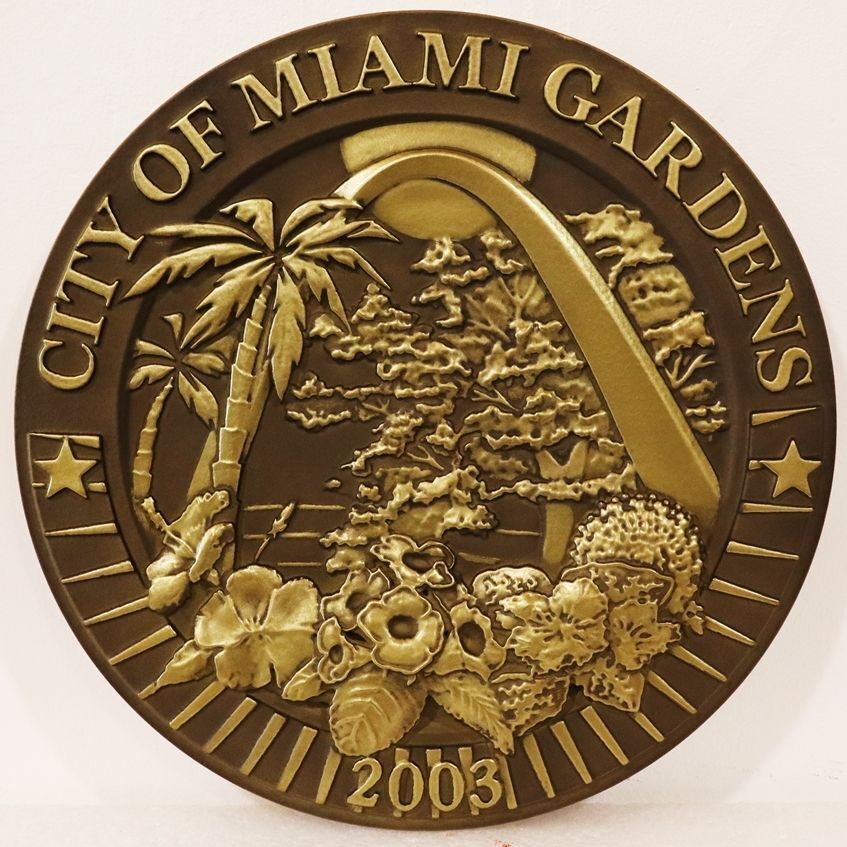 DP-1661 - Carved 3-D Bas-Relief Brass-Plated Plaque of the  Seal of the City of Miami Gardens with Dark Bronze Painted Background