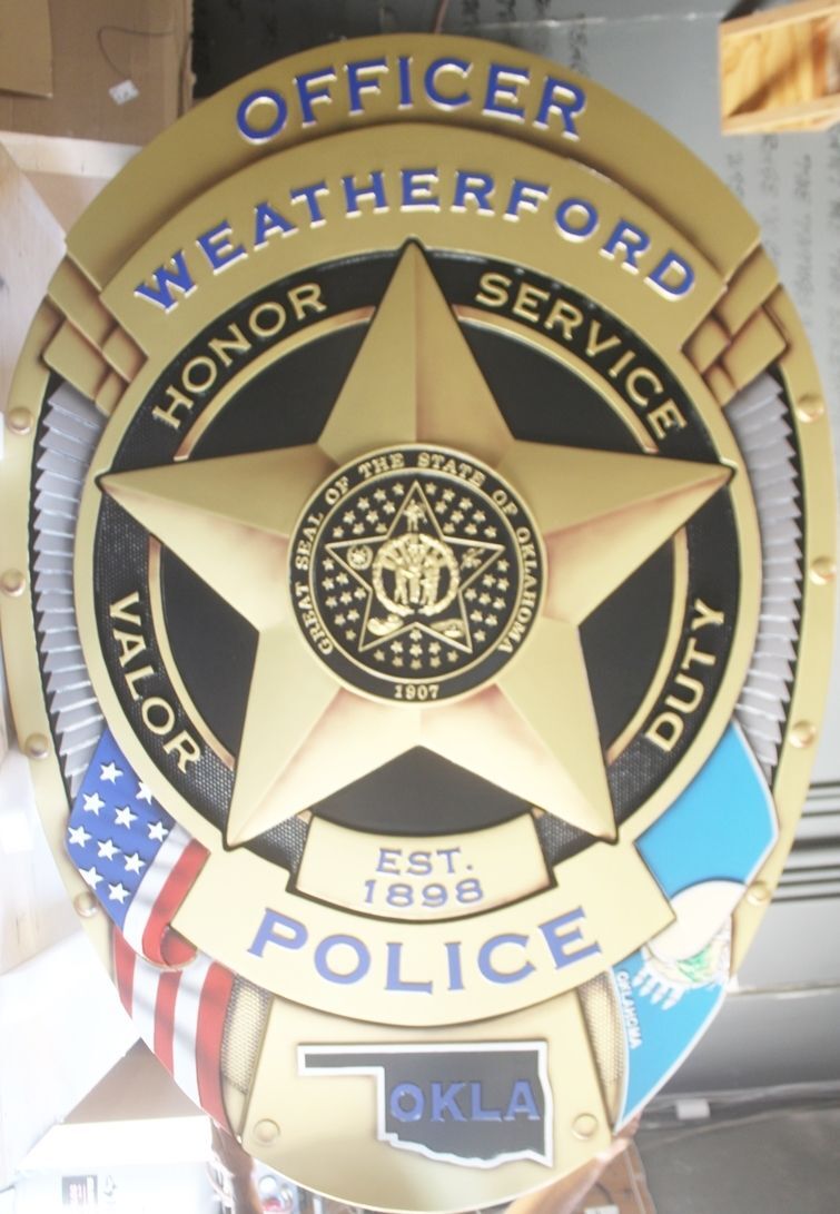 PP-1778 - Carved 3-D Bas-Relief Artist-Painted Plaque of a  Badge for an Officer of the Weatherford Police, Texas 