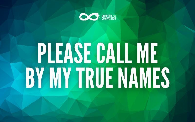 Title of the blog entry: Please Call Me by My True Names with green and blue geometric background