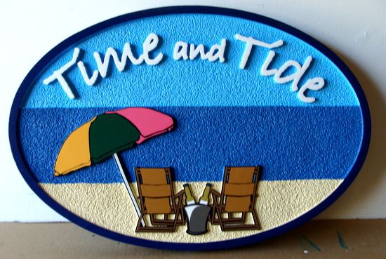 L21014 - Carved  Sign for Beach House, with Two Chairs and Umbrella, "Time and Tide"