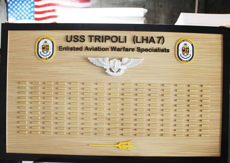 JP-1343 - Carved High-Density-Urethane Board for List of Enlisted Aviation Warfare Specialists  for the USS Tripoli (LHA 7)  