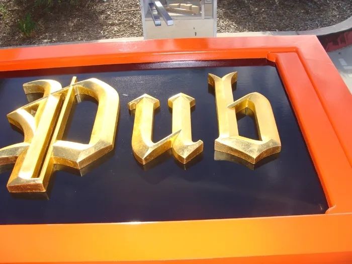  MA3400 - English Pub  Sign with Old English Prismatic Style  Letters Carved in 3-D Bas-relief  from HDU and Gilded with 24K Gold-Leaf 