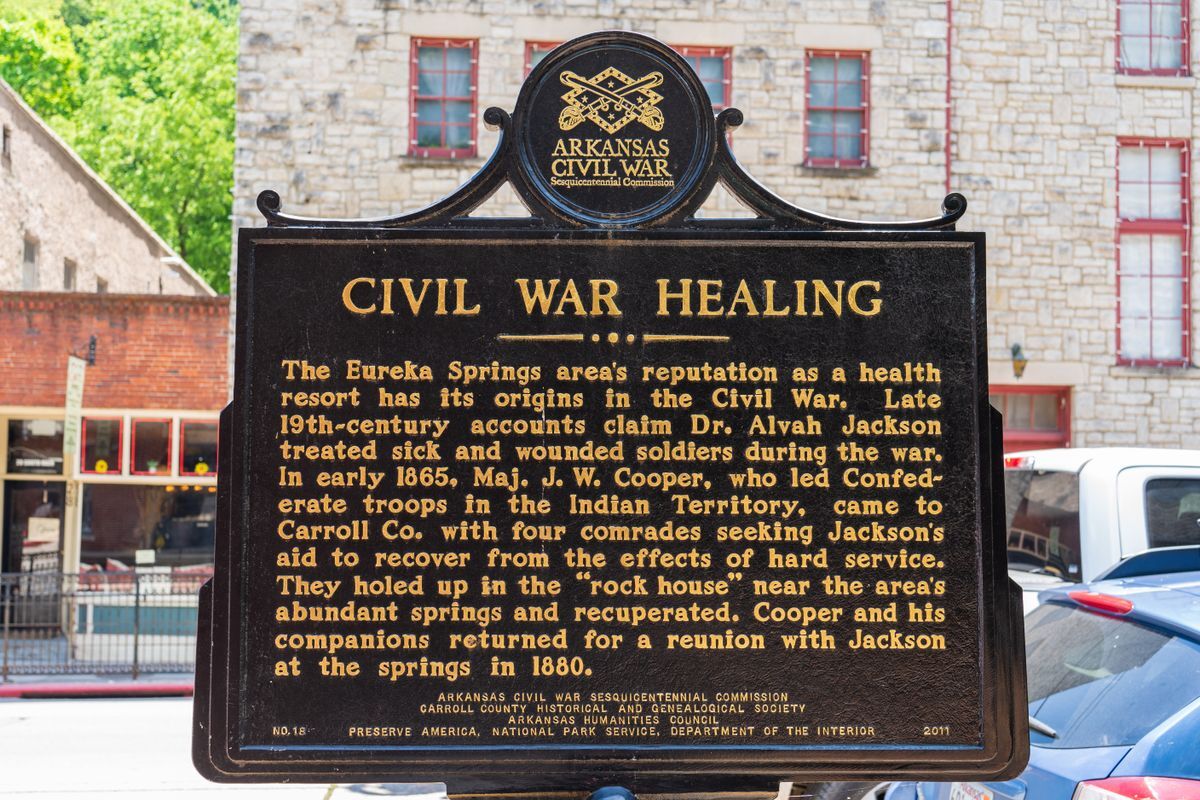 Eureka Springs, AR - June 11, 2021: This sign describes the reputation of Eureka Springs as a health resort in the late 19th century and its connection to the Civil War.