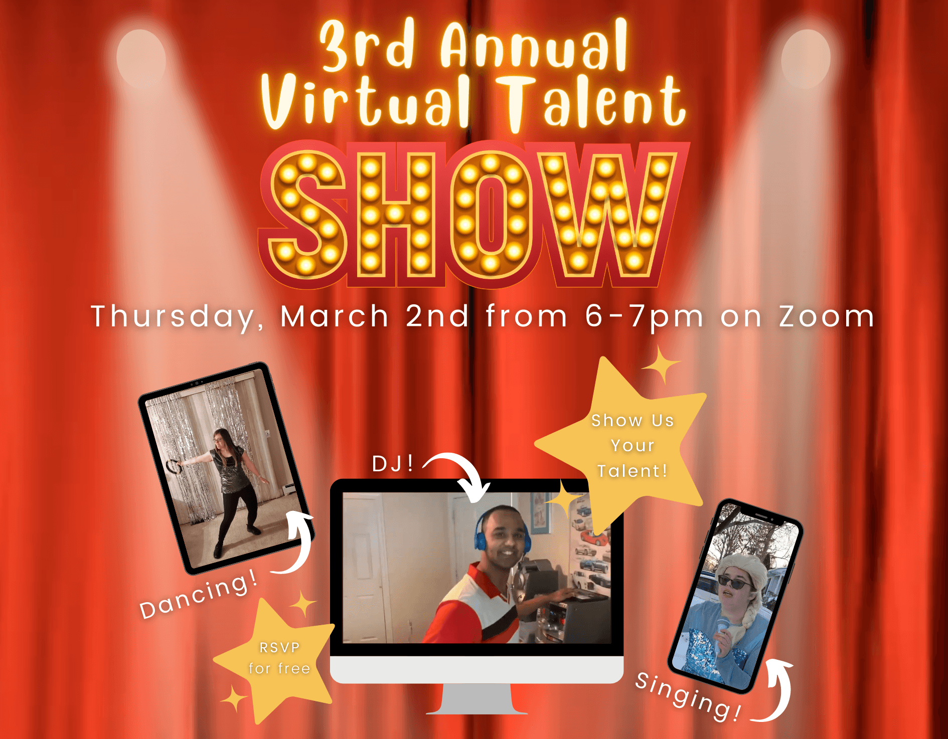 Photo of red curtains and talent show performances with title "3rd Annual Virtual Talent Show"